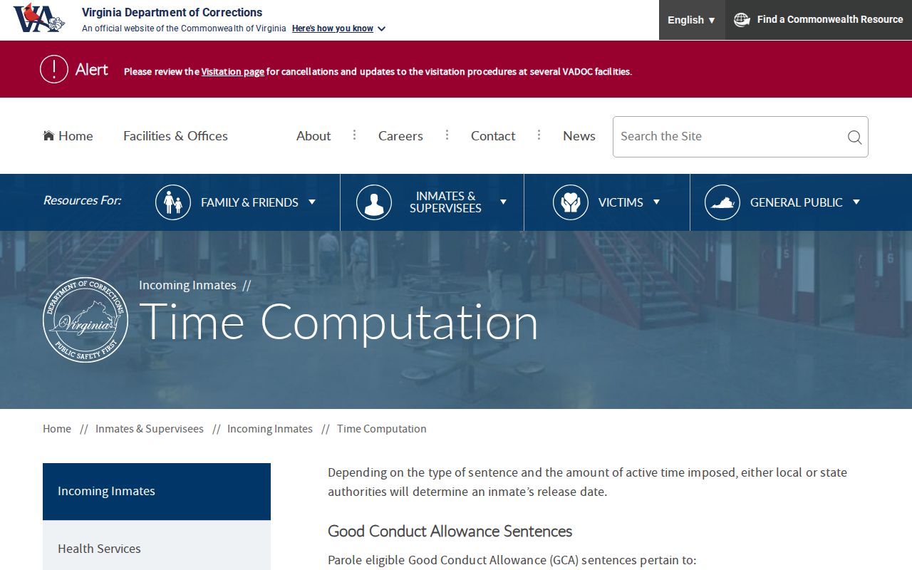 VADOC time computation source for a New Kent County projected release date