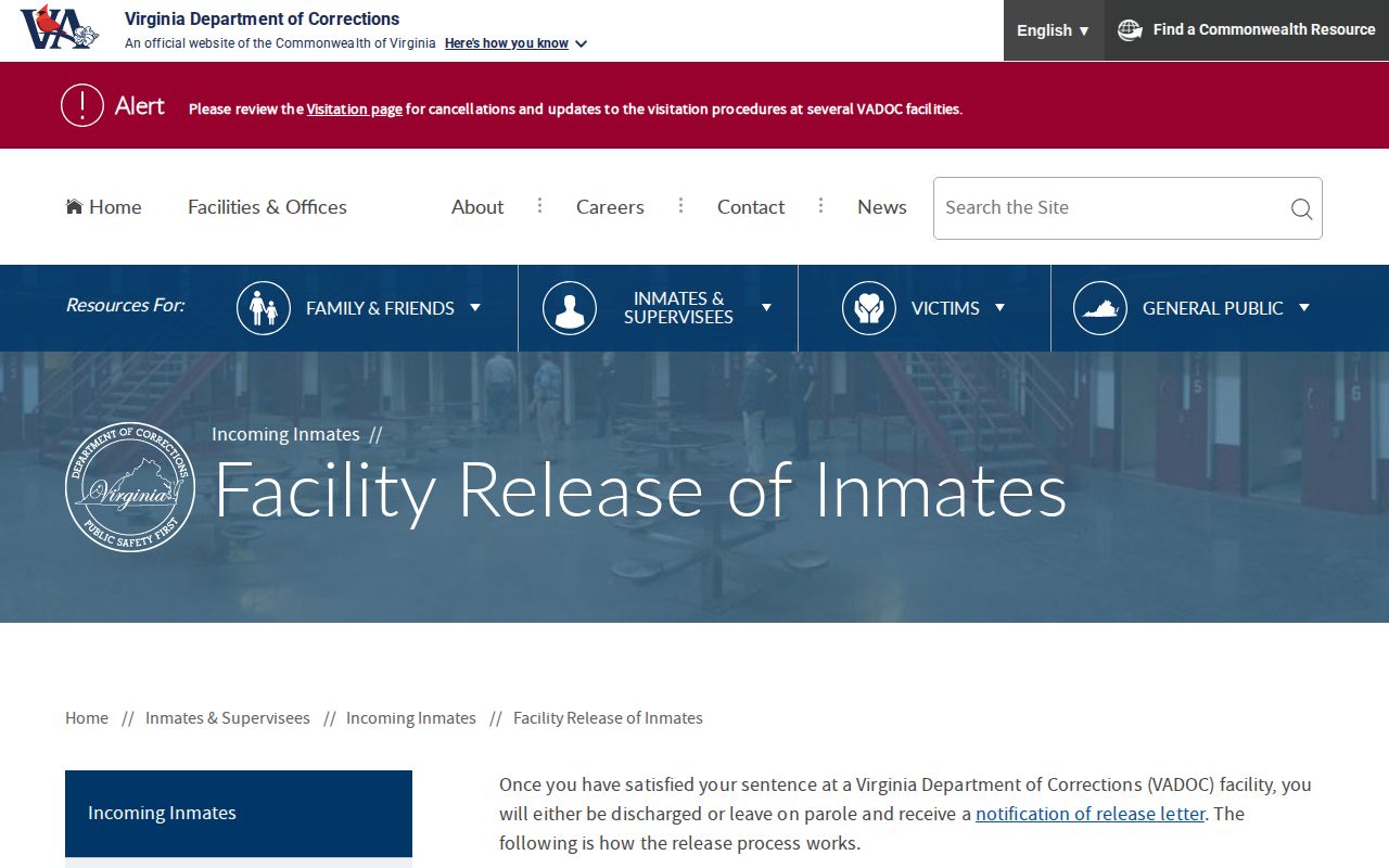 VADOC facility release process for a New Kent County offender